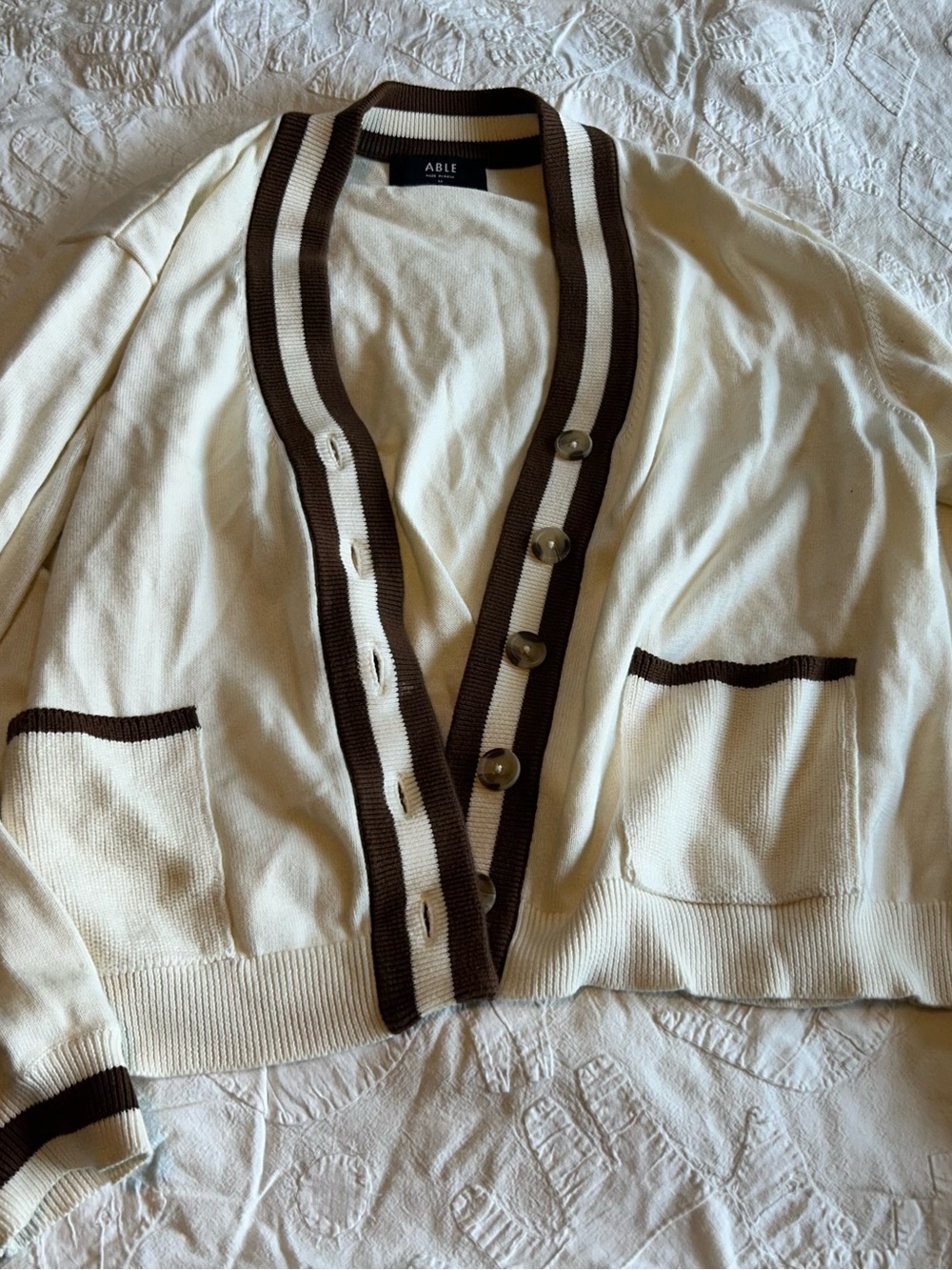 Able Cream Cardigan with Brown Trim